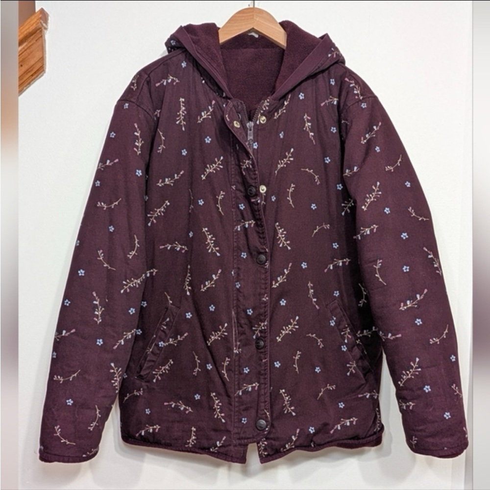 Northern Reflections Women's Purple Reversible Floral Fleece Hooded Coat Jacket